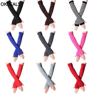 Găng Tay Dài Hở Ngón Bằng Cotton Dệt Kim Họa Tiết Kẻ Sọc Cổ Điển Dành Cho Nữ