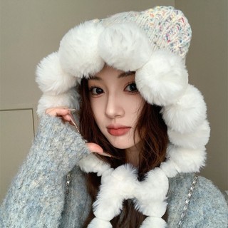 Mismemo  Lớp lót lông cừu mùa thu đông Mũ bảo vệ tai dày dành cho nữ cưỡi ngựa ngoài trời Mũ Lei Feng Chu kỳ đầu lớn Thể hiện mặt Bóng lông nhỏ Wo