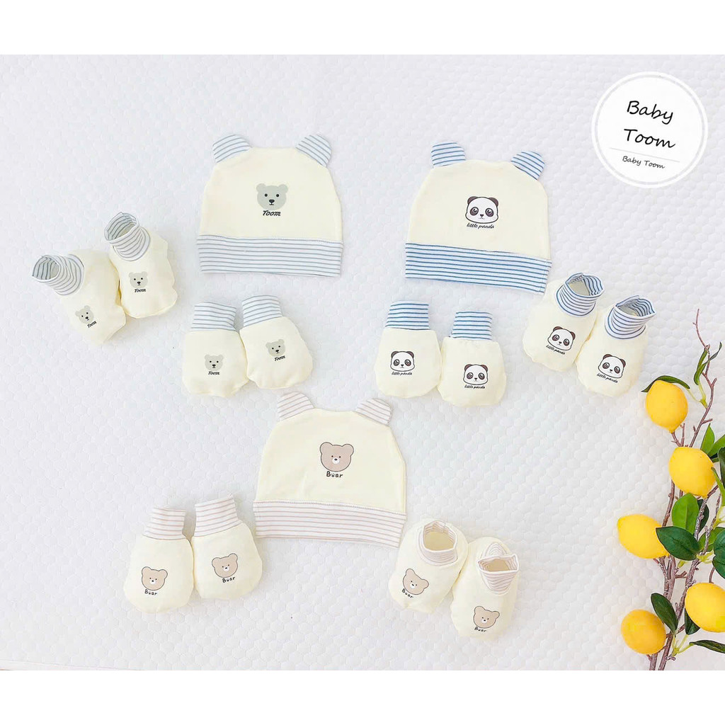 Sét mũ bao tay bao chân cao cấp Babytoom tai gấu kẻ chất  thun hàn mềm mịn co dãn 4 chiều dùng cho thu hè