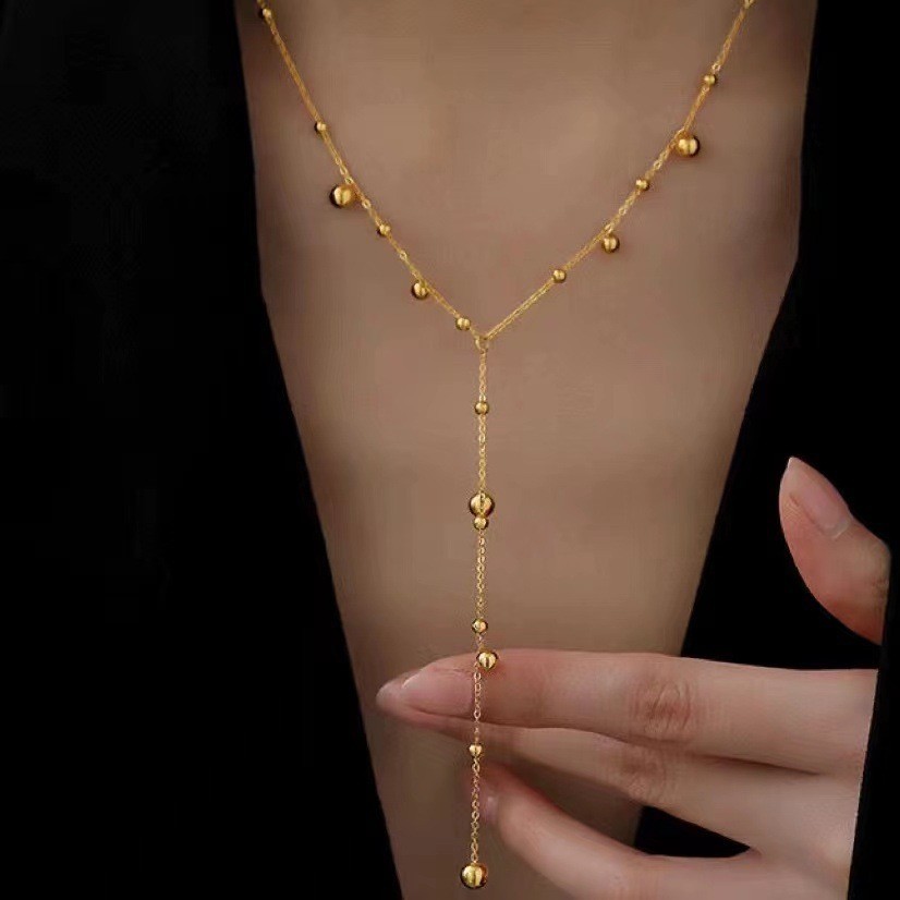 Ht Thép Titan Mạ Vàng 18K Dài Tua Rua Vòng Cổ Đơn Giản Thời Trang Thép Không Gỉ Vòng Cổ Hạt Nữ
