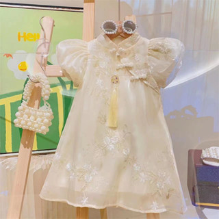 Đồ Tết Váy Thêu Trung Hoa Tay Phồng Màu Kem Cho Bé Gái 1-6 Tuổi MINTSCLOSET Quảng Châu - GV0229