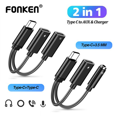 Bộ chia USB C 2 trong 1 Fonken Cáp sạc nhanh Loại C sang giắc cắm 3,5 mm Bộ chuyển đổi âm thanh