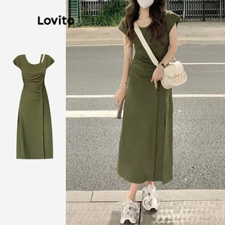 Đầm Lovito không đối xứng diềm xếp nếp màu trơn thường ngày cho nữ LNE26003 (màu xanh lá quân đội/vàng nhạt)