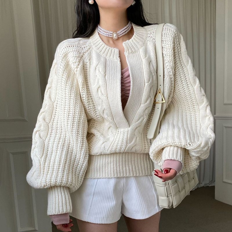 Áo Len Dệt Kim Tay Đèn Lồng Giữ Ấm Màu Trơn Rộng Rãi Chui Đầu Họa Tiết Gai Cổ Áo Sang Trọng Khí Chất
