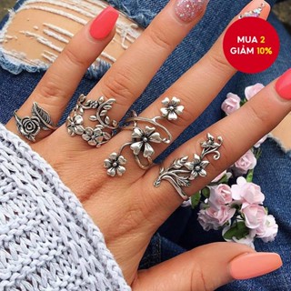 Bộ nhẫn 4 mảnh thời trang Mỹ Châu Âu Cá tính Bạc cổ xưa