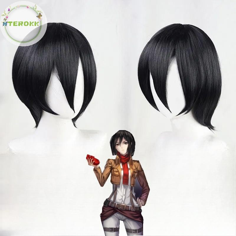 Tóc giả cosplay Mikasa Ackerman 30cm ngắn bob, chịu nhiệt + mũ phụ kiện