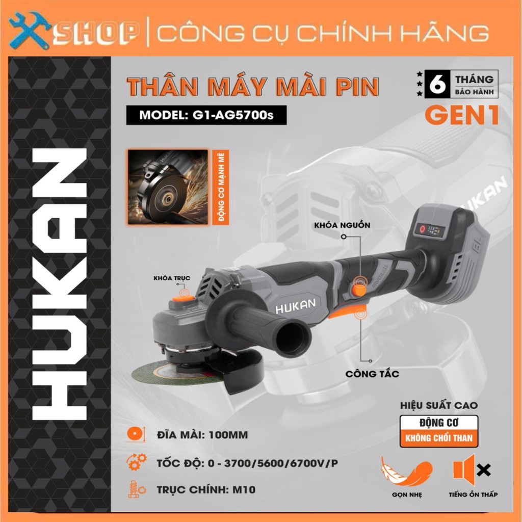 Thân Máy Mài Pin HUKAN G1-AG5700s, Không chổi than 3 Tốc độ 6700v/p Công tắc bụng