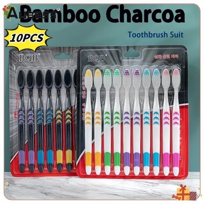 Aubess 10 chiếc bàn chải đánh răng than tre lông mềm dành cho người lớn Bàn chải đánh răng làm sạch sâu chăm sóc nướu