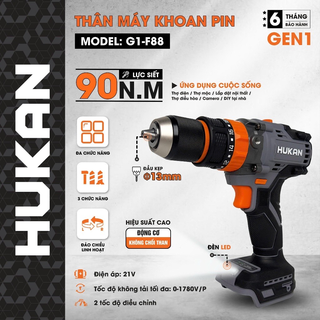 Máy Khoan Pin HUKAN G1-F88 Và M88PRO 13mm Autolock,  Lực Siết 90Nm – 21V, 2 Tốc Độ 0-680/1890, Chân 