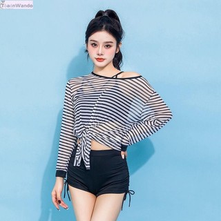 [Wangduoge] Đồ bơi nữ xẻ ba mảnh thời trang bảo thủ sọc dài tay mỏng hơn trông Boxer bơi suối nước nóng