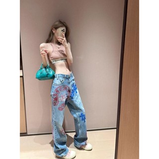 Quần jean thêu chữ thập Mỹ mới 2024 dành cho nữ dáng rộng thẳng