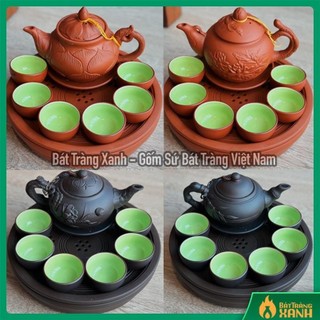 Bộ ấm chén uống trà kèm khay, ấm chén tử sa bát tràng, ấm chén bát tràng cao cấp