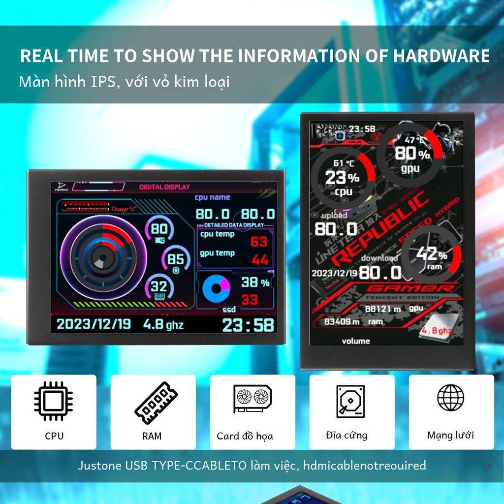 Màn hình phụ 3,5 inch Ips Type-c cho máy tính Cpu Gpu Ram HDD Monitorusb Display với khả năng | BigBuy360 - bigbuy360.vn