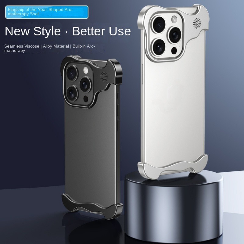 Sang Trọng Không Khung Hợp Kim Nhôm Thơm Ốp Lưng Điện Thoại iPhone 15 14 13 12 Promax 14 15 Plus Bảo Vệ Camera Kim Loại Góc Miếng Lót Chống Sốc