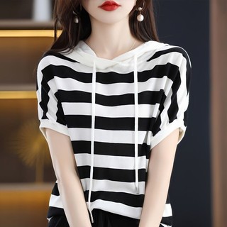 Mới Rời Ôm Hơn Nhìn Sọc Có Mũ Trùm Đầu Ngắn Tay Nữ Mùa Hè Mỏng Phong Cách Thời Trang Ngắn Tay Dệt Kim Top.