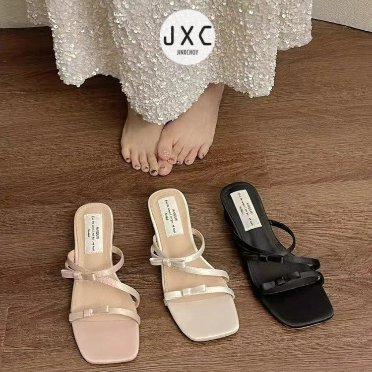 Dép lê đế giữa hở mũi vuông màu trơn Hàn Quốc PU nơ bướm phong cách tiên nữ đi biển nghỉ dưỡng thời trang Dép giá sỉ xưởng