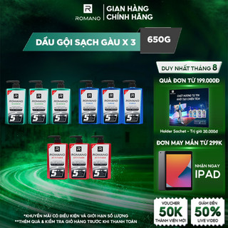 Combo 3 Dầu gội sạch gàu 5in1 hương nước hoa Romano 650g/chai