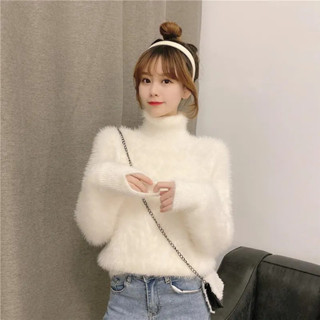 Áo len mặc trong cổ cao LÔNG CHỒN giả Jiashucheng Áo Nhung dệt kim mềm mại màu trơn phong cách Hàn Quốc mẫu mới mùa đông cho nữ