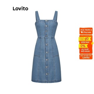 Đầm LOVITO jean denim cổ vuông có nút cài và túi màu trơn thường ngày dành cho nữ L45AD066 (màu xanh dương)