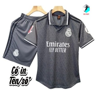 [Nhận in tên số theo yêu cầu]Quần Áo Bóng Đá, Đồ Đá Banh Real Madrid xám có cổ 24/25 mè kim cao cấp