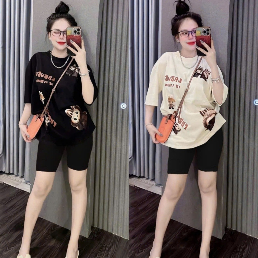 Set Đồ Bộ Nữ Dáng Lửng Chất Tăm Lạnh, Áo Form Rộng In 4 Bé LABUBU Bigsize 45-90KG Mặc Nhà TOP NU