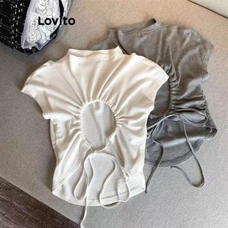 Áo thun Lovito cắt xẻ màu trơn phong cách thường ngày cho nữ LNA62172