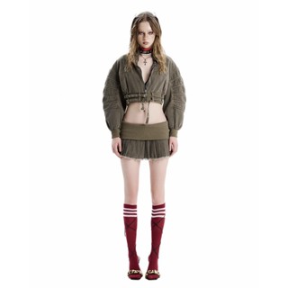  SG.S Cropped Bomber Khaki Jacket -  Áo khoác dài tay croptop  có dây kéo và bo chun phần thắt eo 