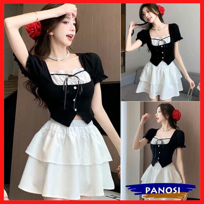 Set áo tăm cổ vuông phối bèo trắng cột nơ Kèm chân váy ngắn xoè tầng xinh xắn phong cách tiểu thư sang chảnh B357-PANOSI