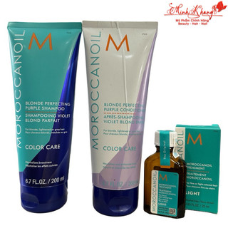 Combo gội xả và tinh dầu khử sắc tố vàng Moroccanoil Blonde Perfecting Purple 200mlx2/25ml 