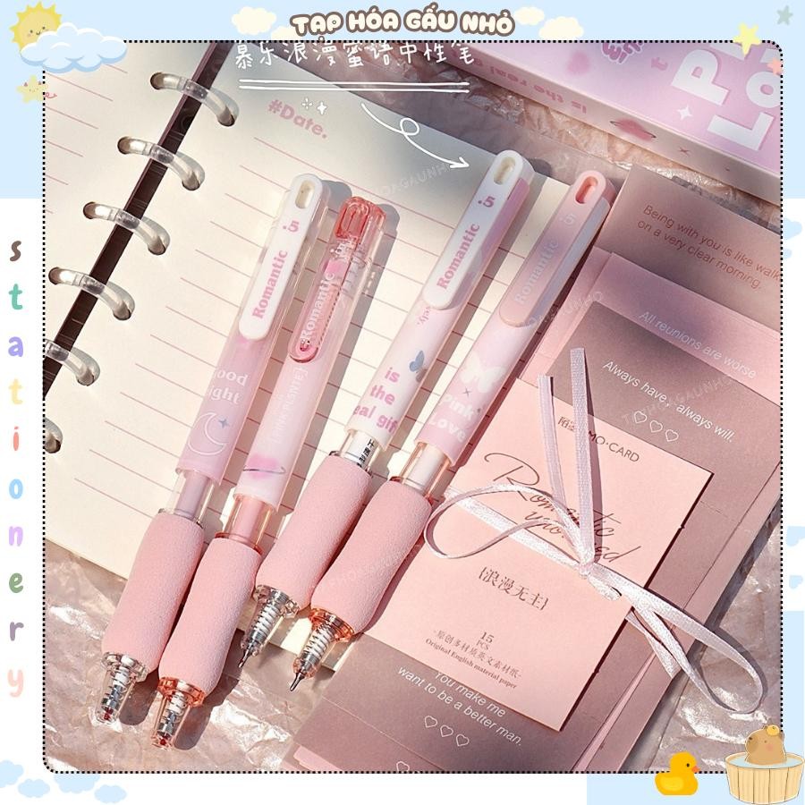 Bút gel Mura 8987 Pink Love Hoon Pink Plsnte mực đen 0.5mm có đệm tay êm ái mực khô nhanh [taphoagau