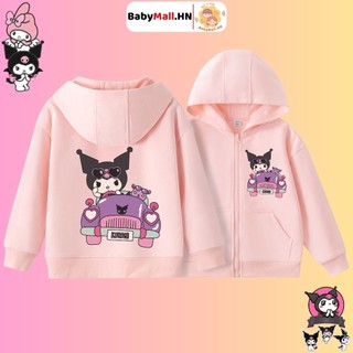  Áo Hoodie hình Kuromi bé gái BABYMALL  Áo khoác nỉ cotton thu đông có mũ cho bé có khoá kéo kèm túi 