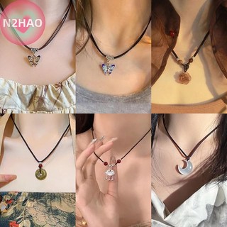N2hao Phong Cách Trung Hoa Thời Trang Retro Bện Dây Vòng Cổ Bướm Hoa Mặt Trăng Khóa An Toàn Mặt Dây Chuyền Vòng Cổ Dành Cho Nữ Vintage Trang Sức n