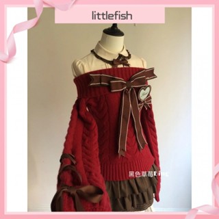   Littlefish  Áo len dệt kim Dài Tay Trễ Vai Thắt Nơ học sinh HOT GIRL ngọt ngào kiểu Pháp 