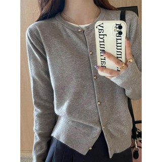 Phong Cách Mới Màu Xám Dệt Kim Cardigan Nữ Thu Đông Bên Ngoài Áo Len Cao Cấp Đầu Thu Phong Cách Mỏng Dài Tay Top