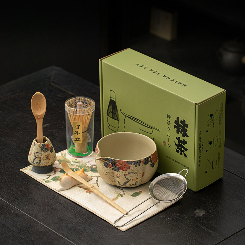 chawan matcha dụng cụ pha matcha bộ pha matcha Retro Sakura Matcha Bộ Mèo Matcha Bát Matcha Bàn Chải