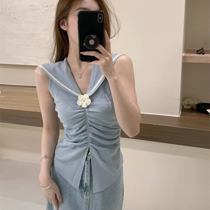 Áo chui đầu dệt kim handmade hoa, phong cách mới Hàn Quốc slim-fit, màu xanh navy - KI69