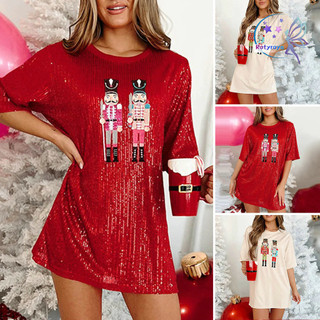 Rotyroya-nữ Mùa Hè Top Sáng Bóng Sequin Họa Tiết Hoạt Hình Rời Tay Ngắn Dài Giữa Cổ Tròn Mềm Mại Thoáng Khí Nữ Áo Thun Thường Ngày
