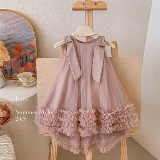 V533 - Váy Bèo Voan Xinh Nơ Vai Hồng Xanh Bé Gái