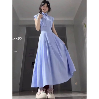 Mùa Hè Phong Cách Mới Pháp Preppy Phong Cách Ngọt Ngào polo Cổ Áo Sơ Mi Xanh Váy Dài Nữ Sinh Hẹp Eo Ôm Hơn Nhìn Đầm
