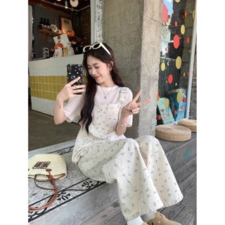 Quần Yếm Bò Hoa Nhí Trẻ Trung Quần Ống Rộng Thiết Kế Thon Gọn Rộng Rãi Mẫu Mới Mùa Hè Cho Nữ Quần Dài Ống Đứng Cạp Cao