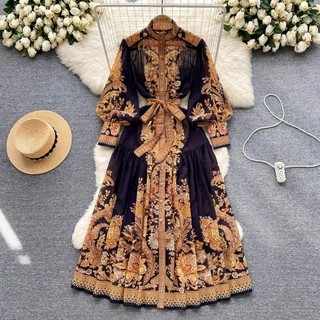 Phụ Nữ Thanh Lịch Vintage Bohemian Dự Tiệc Xuân Thu Bộ Sưu Tập Mới Áo Sơ Mi Tay Dài In Hình Áo Sơ Mi Nữ Cao Cấp Ôm Chữ A Đầm Dự Tiệc