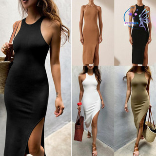 Rotyroya-nữ Midi Đầm Màu Trơn Không Tay Cổ Chữ O Khe Cao Bodycon Đầm Cho Bữa Tiệc
