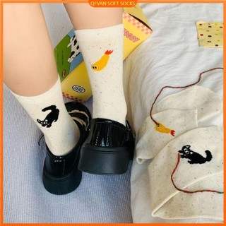 Hoạt hình vintage chấm tất nữ mèo cá tất hoạt hình dễ thương mèo họa tiết cá giữa ống tất mềm nhiệt ấm phi hành đoàn tất