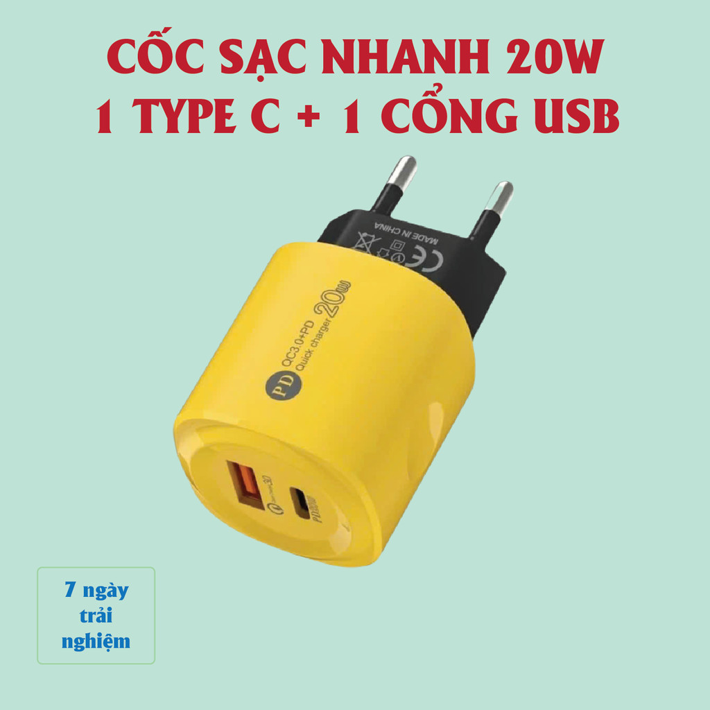 Cốc sạc nhanh 2 cổng gồm: 1 cổng Type C + 1 cổng USB – Củ sạc nhanh 2 in 1. Cáp sạc nhanh 4 in 1, Dâ