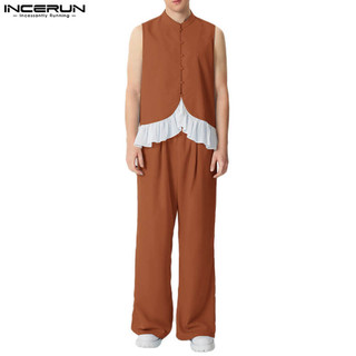 Incerun Nam Vintage Ruffle Hem Chắp Vá Cổ Đứng Cổ Áo Hai Mảnh Phù Hợp Với