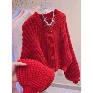  Lười Kẹo Đỏ Áo Len Nữ Thu Đông Phong Cách Mới Rời Phong Cách Phương Tây Nóng Phong Cách Dày Cổ Tròn Ngắn Dệt Kim Cardigan 