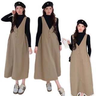 Váy bầu thu đông đẹp Sét yếm bầu công sở MAMADRESS cho mẹ bầu thiết kế gồm Yếm Kèm Áo Tăm Dài Tay SY11