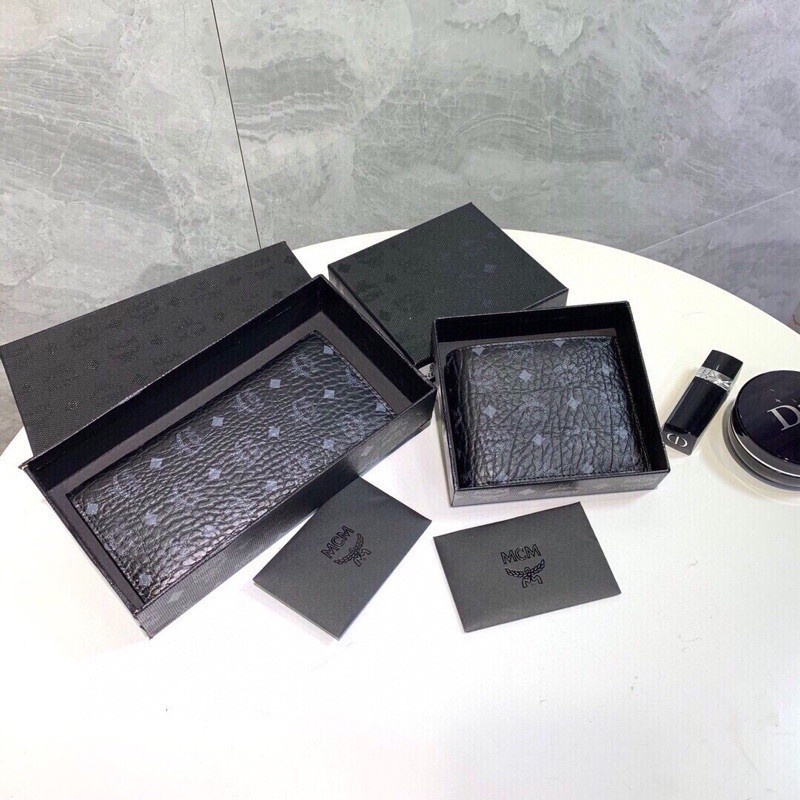 [Túi sang trọng] MCM _ Vietos Monogram tráng da Unisex Cặp đôi màu đen Ví ngắn / dài + Hộp miễn phí 