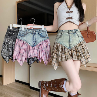  Hot Girl Short Skirt Plaid Stitching Summer a Word Pink Skirt Women's Denim High Waist Anti-Exposure Slimming Irregular NPAQ