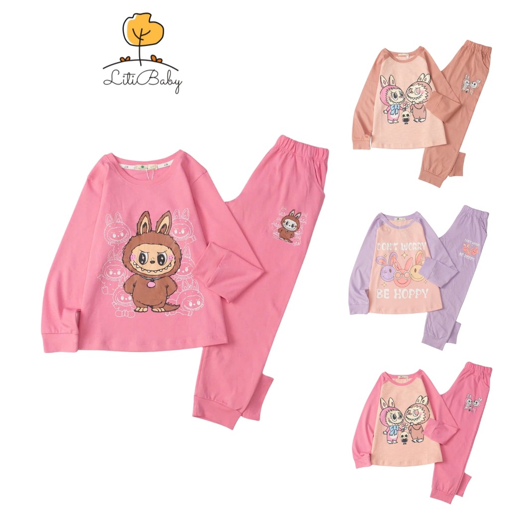 Bộ thu đông cho bé gái size 8-16, LITI BABY bộ dài tay cho bé bo gấu, bộ cotton thu đông 4 chiều in hình